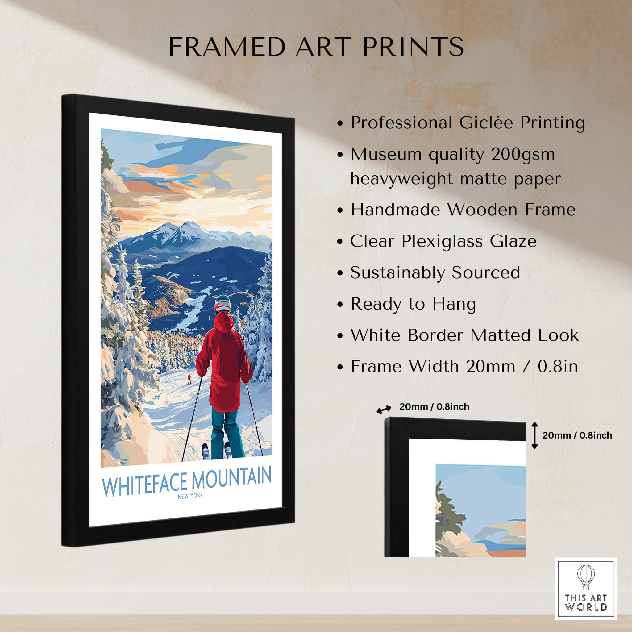 Whiteface Mountain Ski Wall Art Ski Print featuring a skier in a stunning snow-covered landscape with vibrant colors.