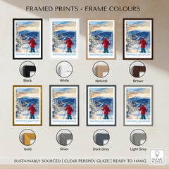 Framed prints of Whiteface Mountain Ski Wall Art Ski Print in various frame colors including black, white, natural, brown, gold, silver, dark grey, and light grey.