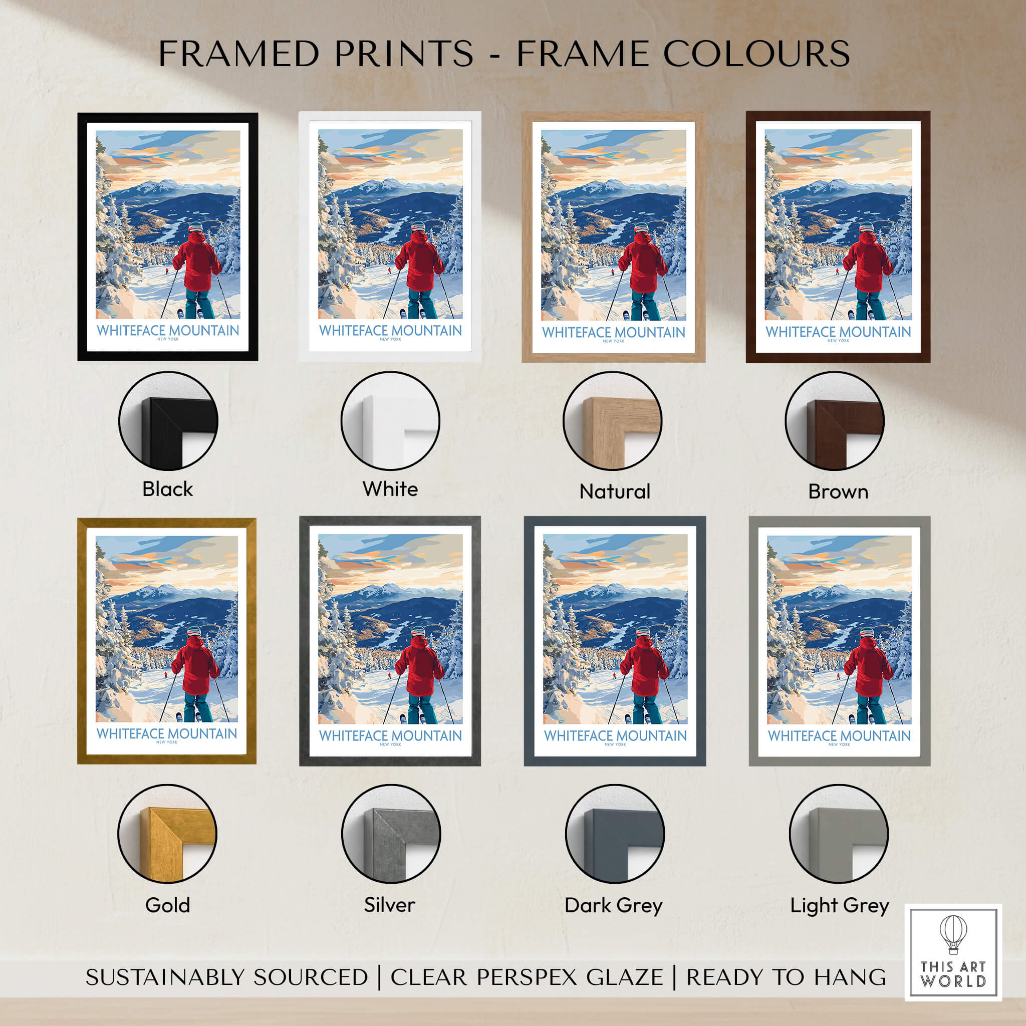 Framed prints of Whiteface Mountain Ski Wall Art Ski Print in various frame colors including black, white, natural, brown, gold, silver, dark grey, and light grey.