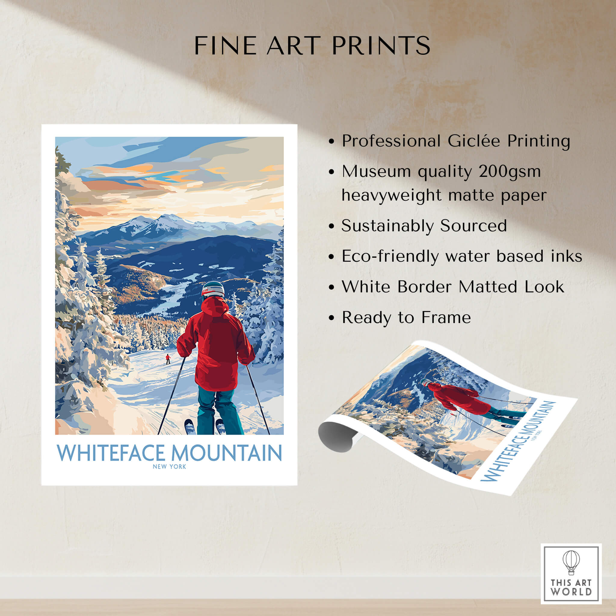 Whiteface Mountain Ski Wall Art Ski Print showcasing a skier among stunning snowy mountains.