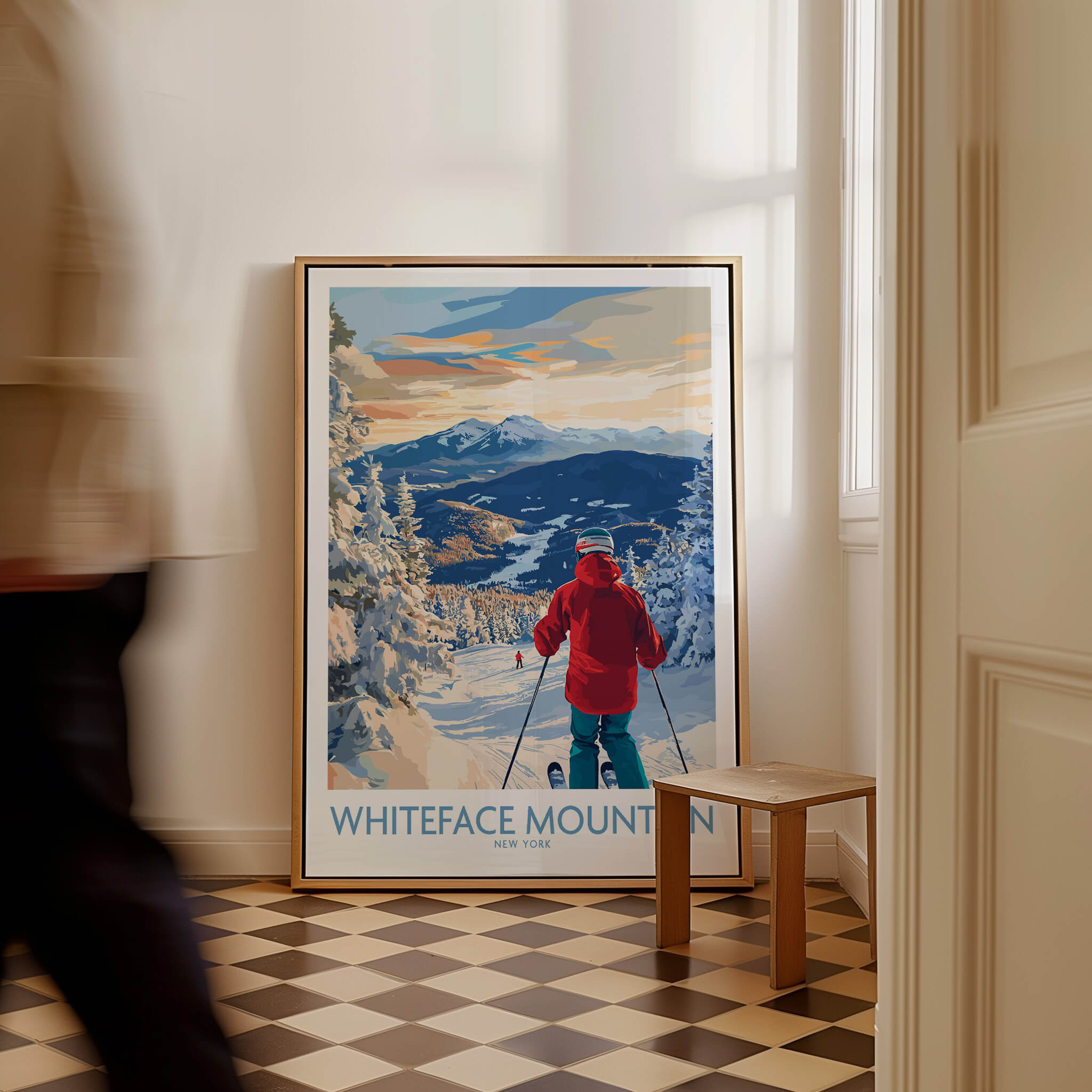 Whiteface Mountain Ski Wall Art Ski Print featuring a skier against a scenic winter backdrop.