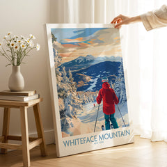 Whiteface Mountain Ski Wall Art Ski Print featuring a scenic ski view with a skier in red coat in New York.