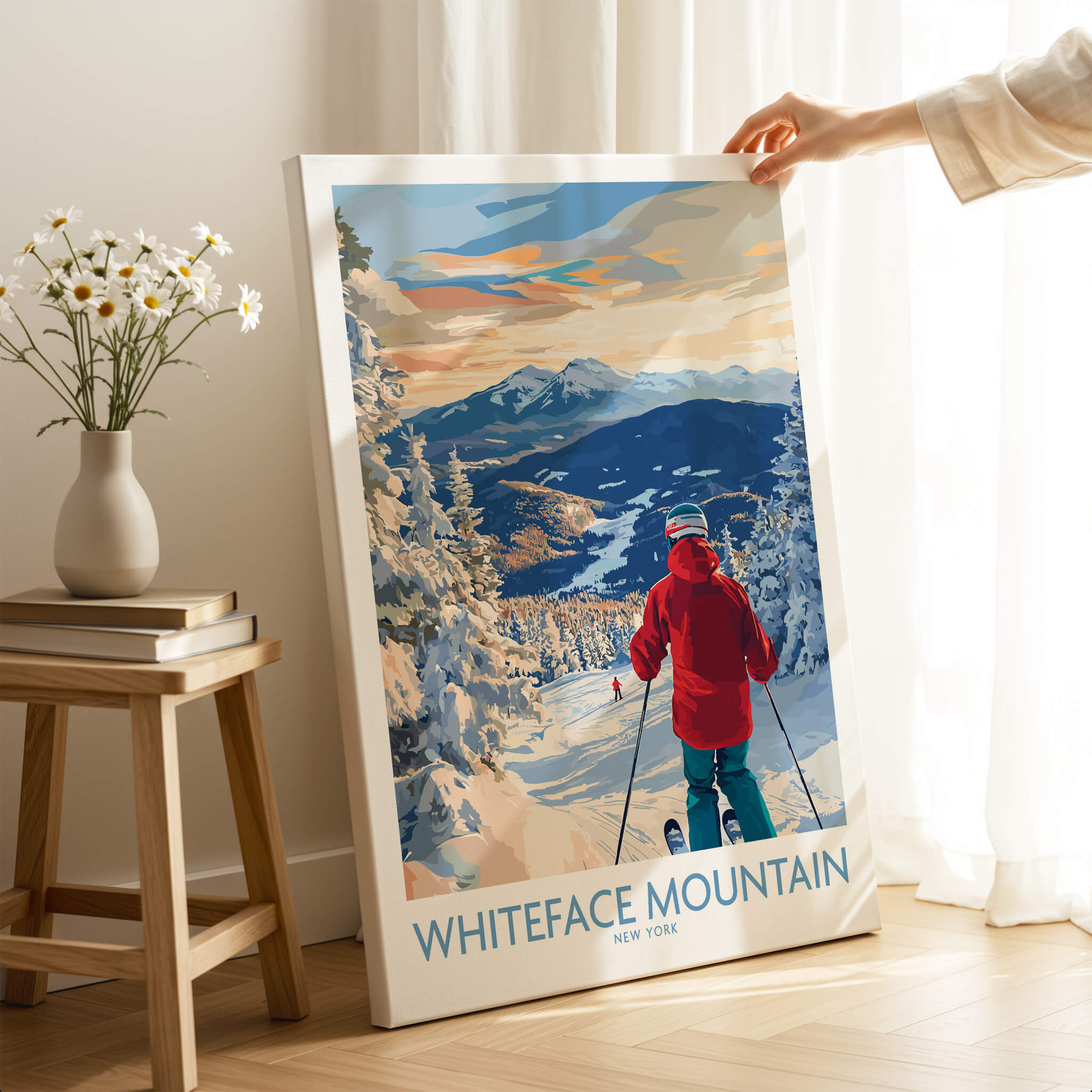 Whiteface Mountain Ski Wall Art Ski Print featuring a scenic ski view with a skier in red coat in New York.