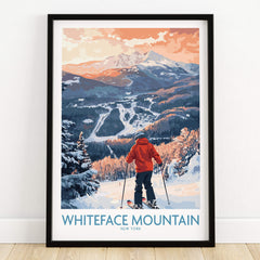 New York Ski Print | Whiteface Downhill Scene Poster with skier looking at Whiteface Mountain landscape.