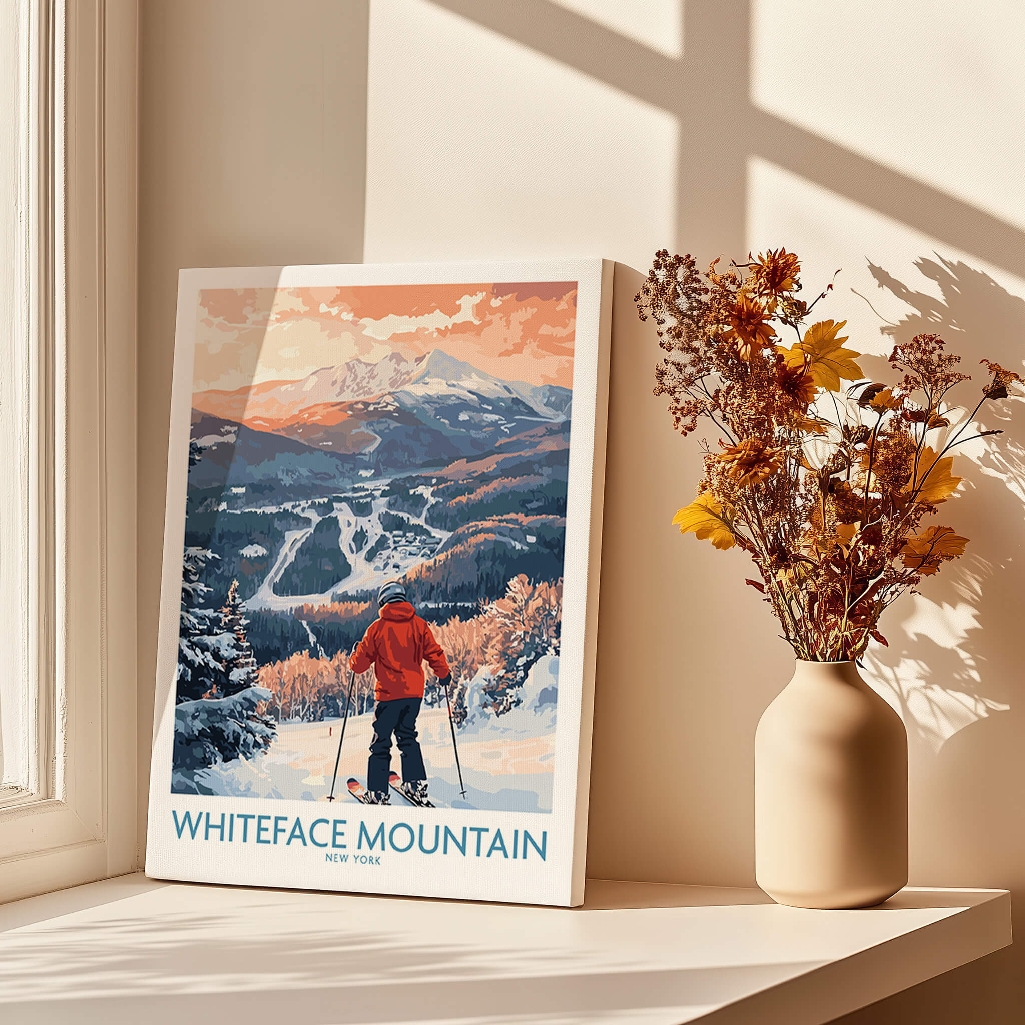 New York Ski Print | Whiteface Downhill Scene Poster featuring a skier at Whiteface Mountain.