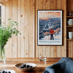 New York Ski Print | Whiteface Downhill Scene Poster featuring a skier at Whiteface Mountain in a wooden cozy setting.