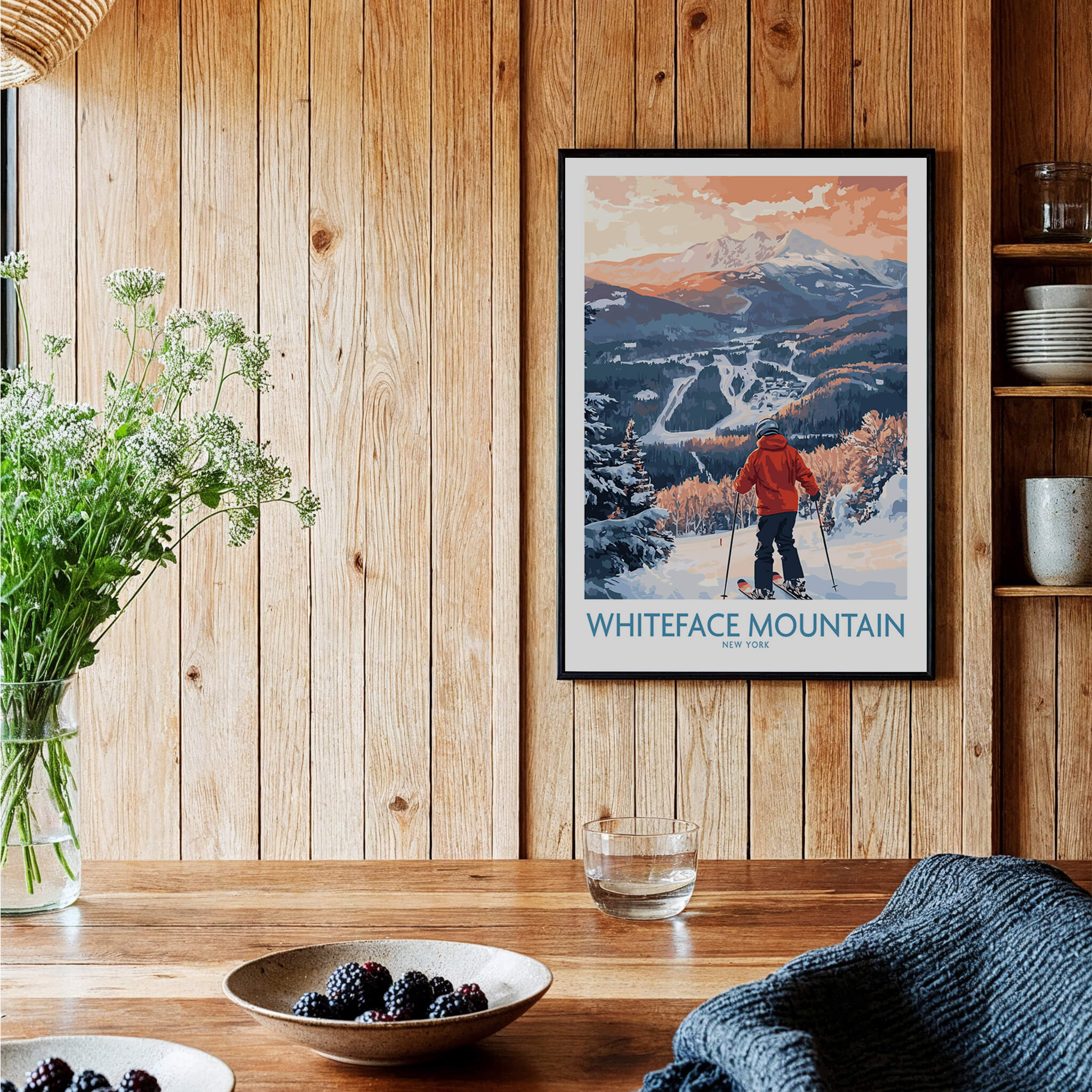 New York Ski Print | Whiteface Downhill Scene Poster featuring a skier at Whiteface Mountain in a wooden cozy setting.