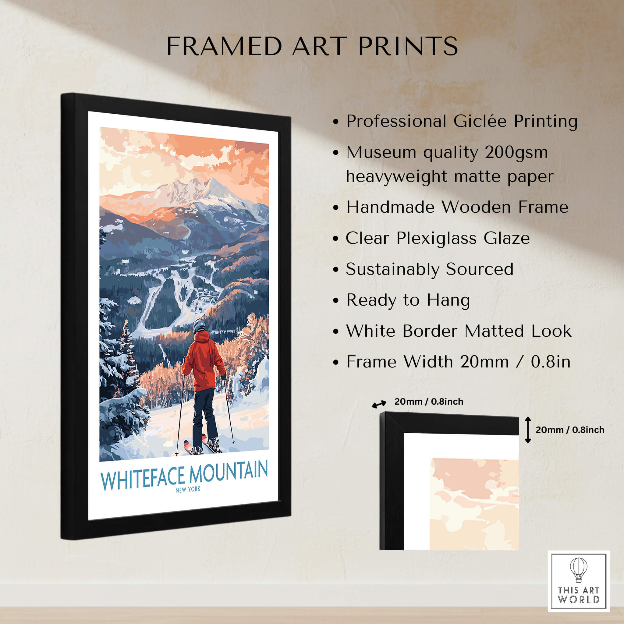 New York Ski Print | Whiteface Downhill Scene Poster featuring a skier on Whiteface Mountain in a framed art print.