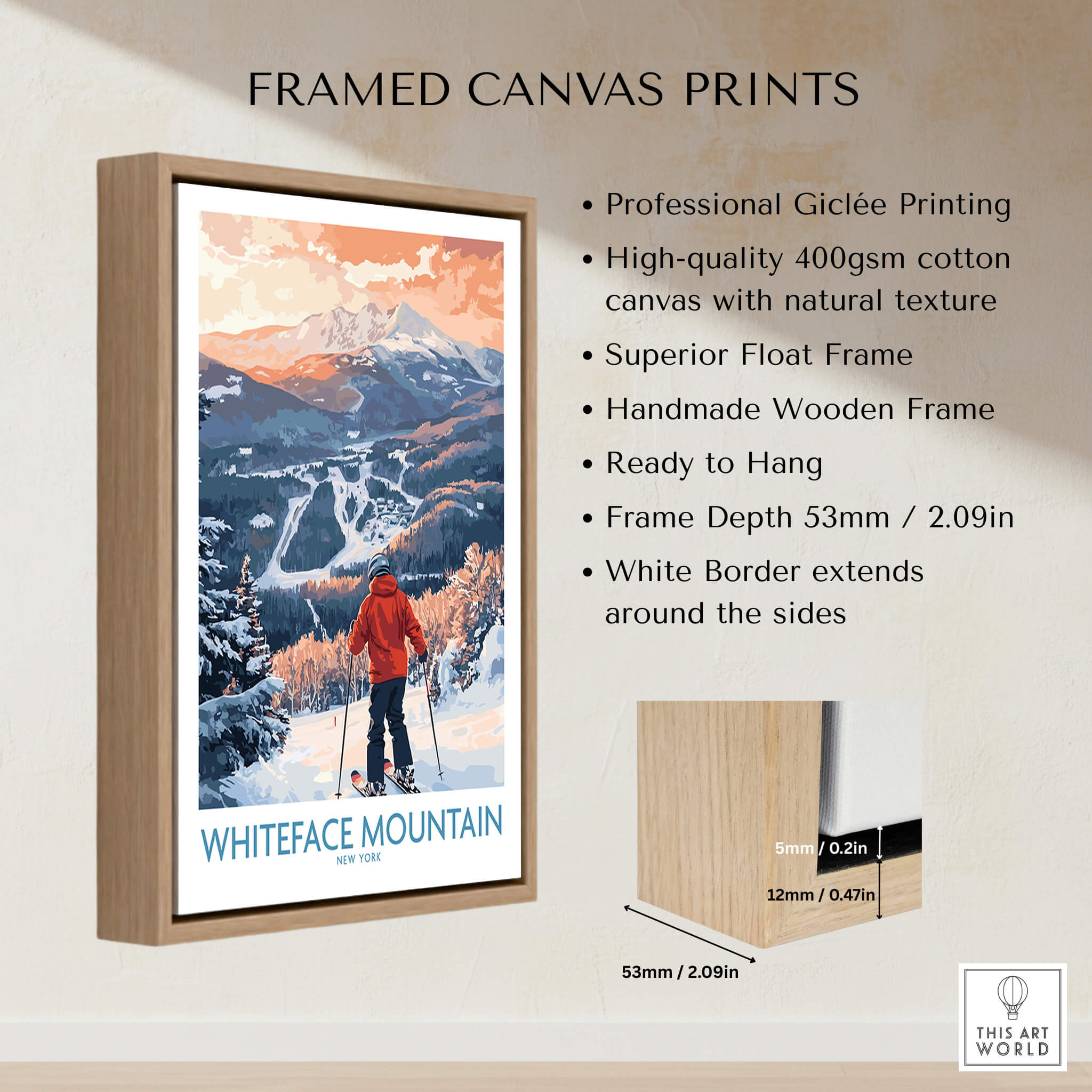 New York Ski Print | Whiteface Downhill Scene Poster framed canvas print with wooden frame and natural texture.