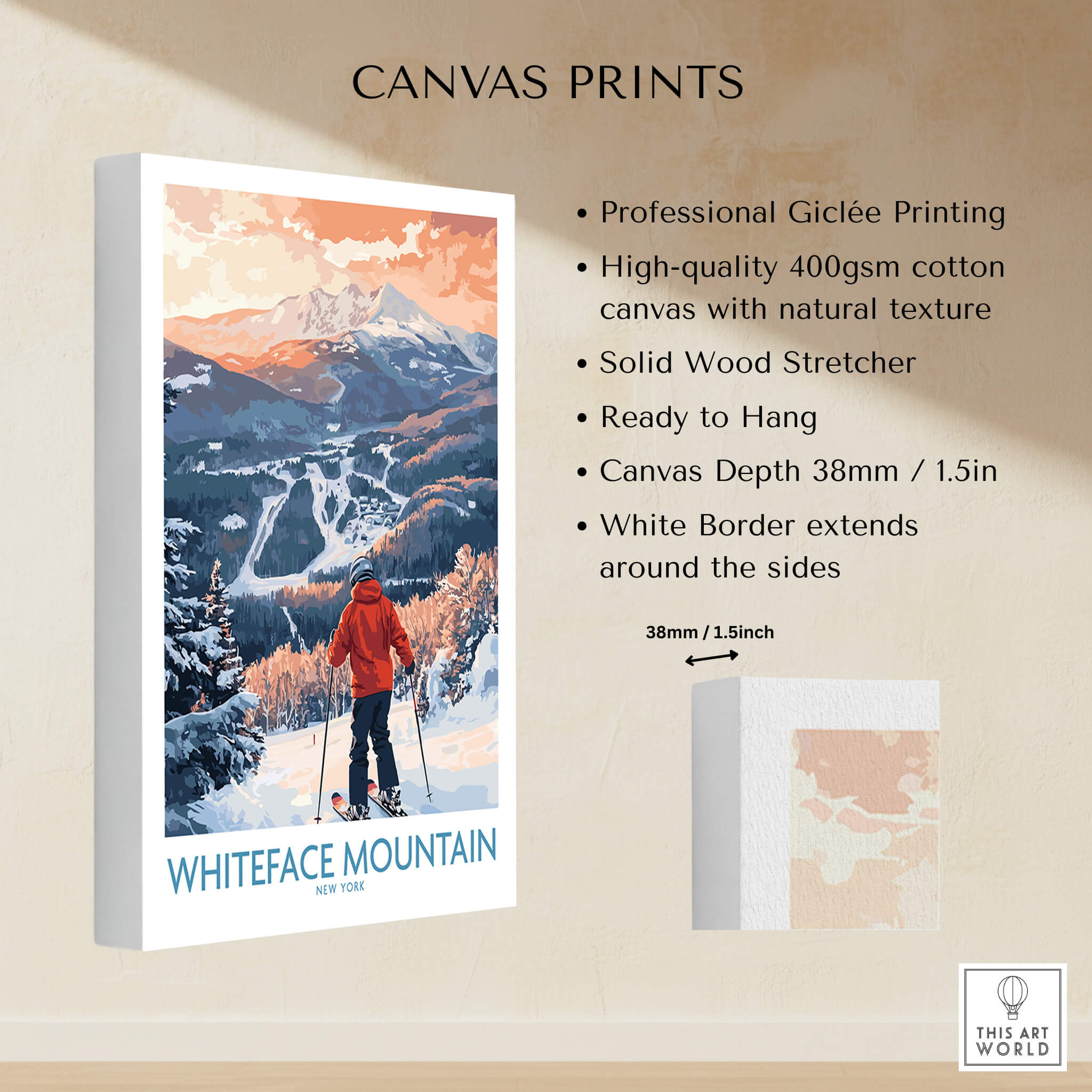 New York Ski Print | Whiteface Downhill Scene Poster featuring a skier on Whiteface Mountain.