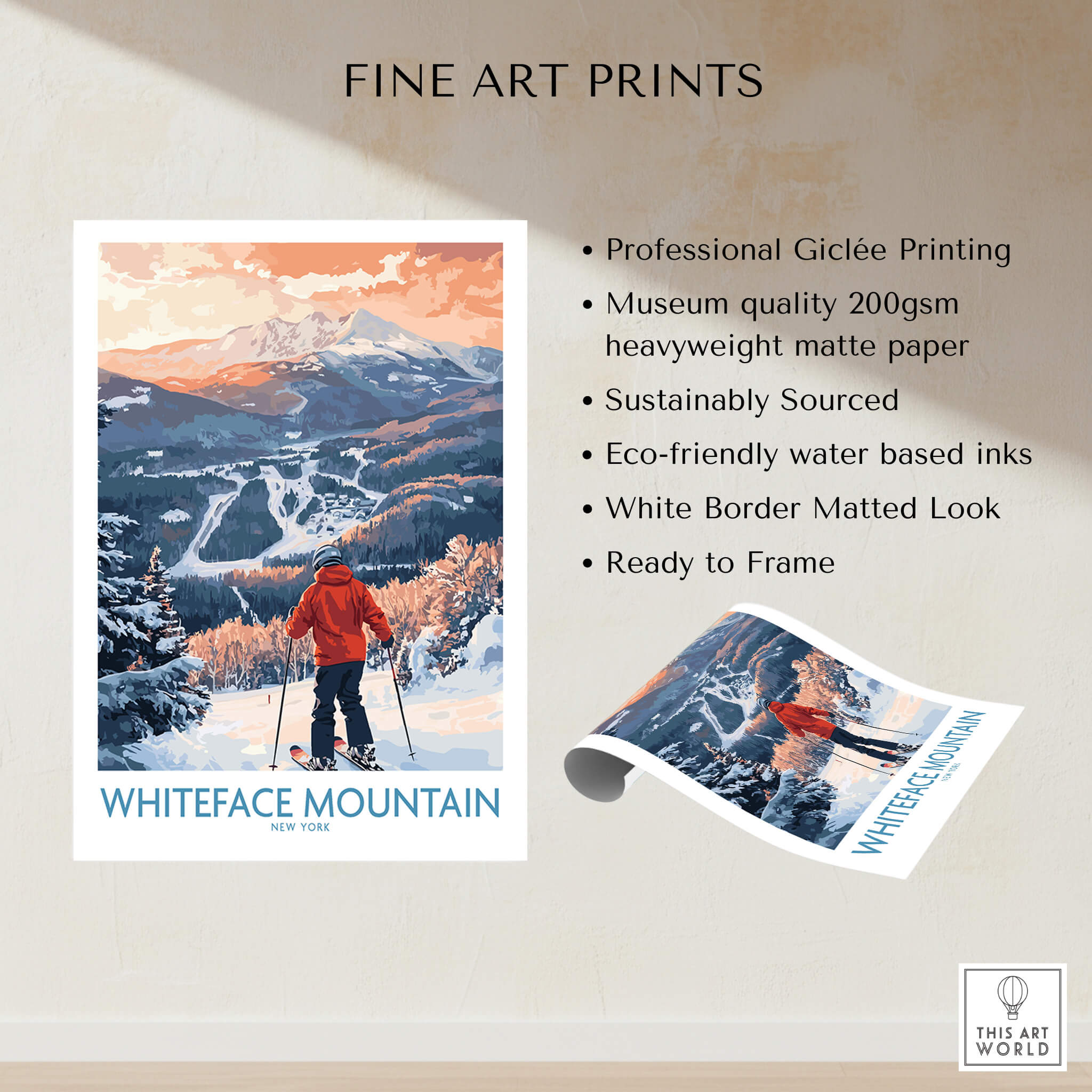 New York Ski Print | Whiteface Downhill Scene Poster featuring a skier at Whiteface Mountain.