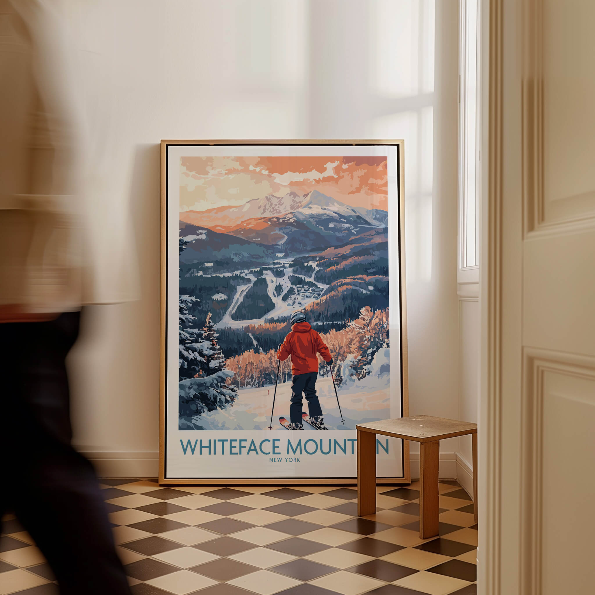 New York Ski Print | Whiteface Downhill Scene Poster showcasing skier at Whiteface Mountain.