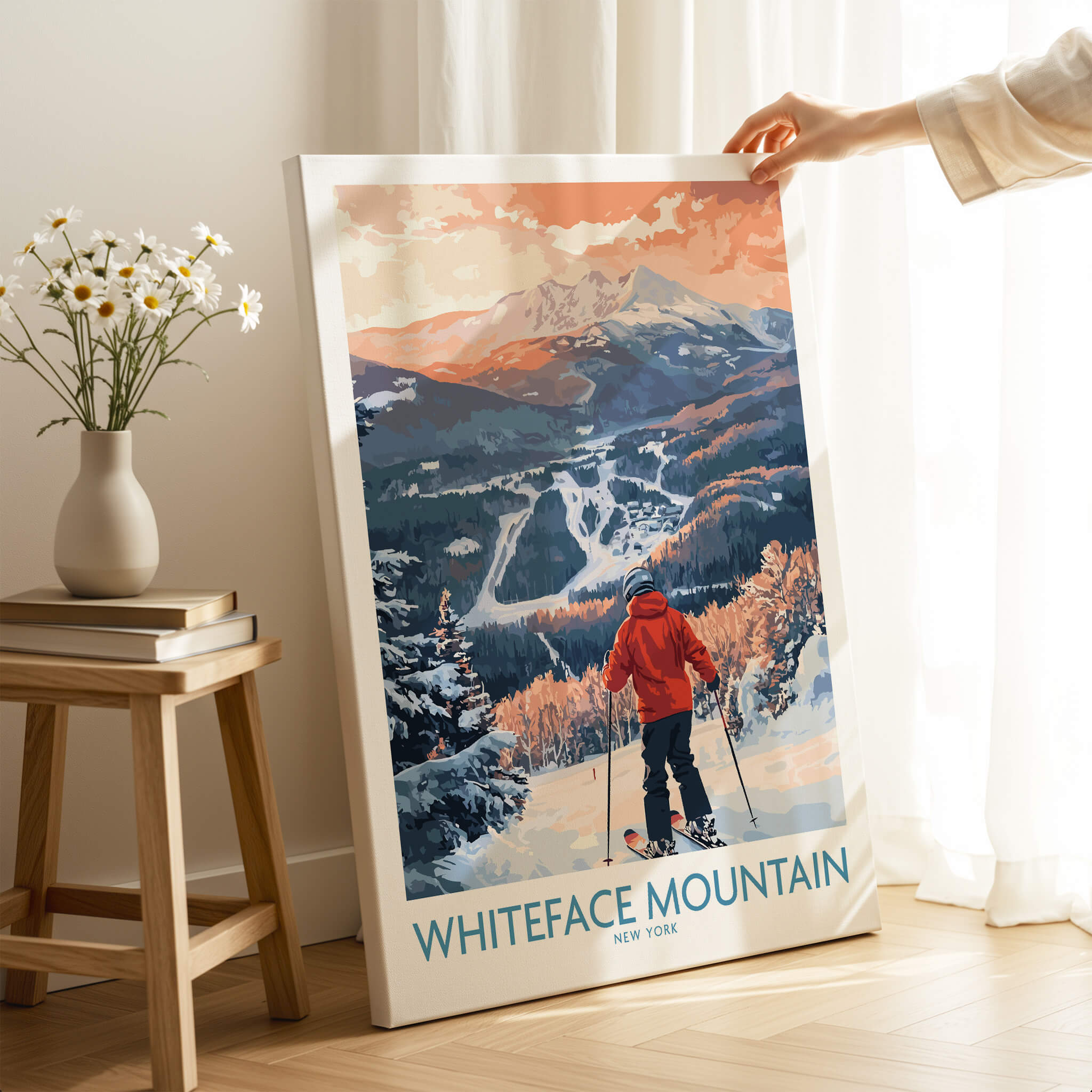 New York Ski Print | Whiteface Downhill Scene Poster featuring a skier gazing over Whiteface Mountain.