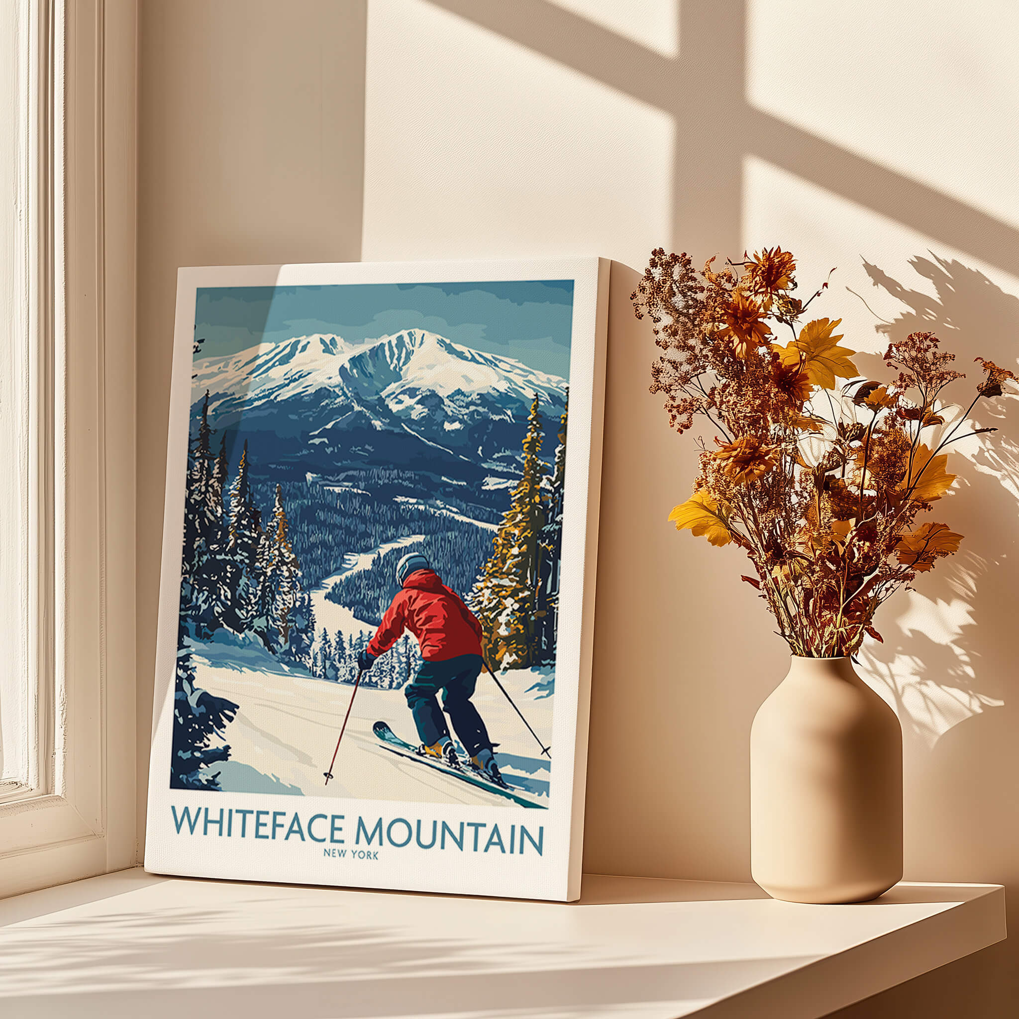 Ski Whiteface, NY | Winter wall art - skier on slope with mountain views and trees in the foreground.