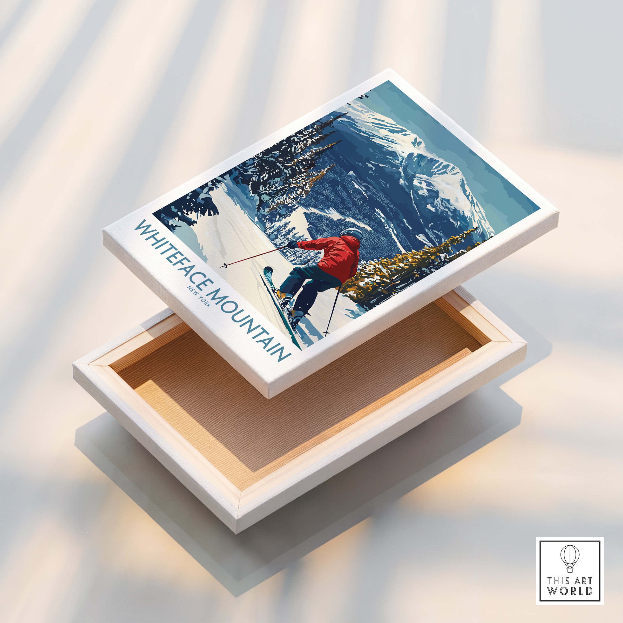 Ski Whiteface, NY | Winter wall art - skier on slope - art print of skier on slopes with Whiteface Mountain background.