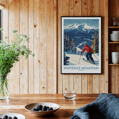 Ski Whiteface, NY | Winter wall art - skier on slope featuring a skier in red on a snowy mountain scene.