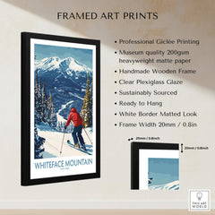 Ski Whiteface, NY | Winter wall art - skier on slope print framed in black with mountain backdrop.