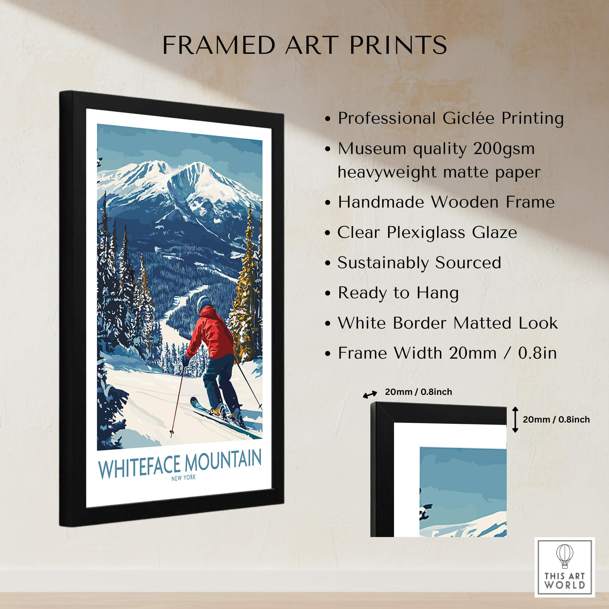 Ski Whiteface, NY | Winter wall art - skier on slope print framed in black with mountain backdrop.