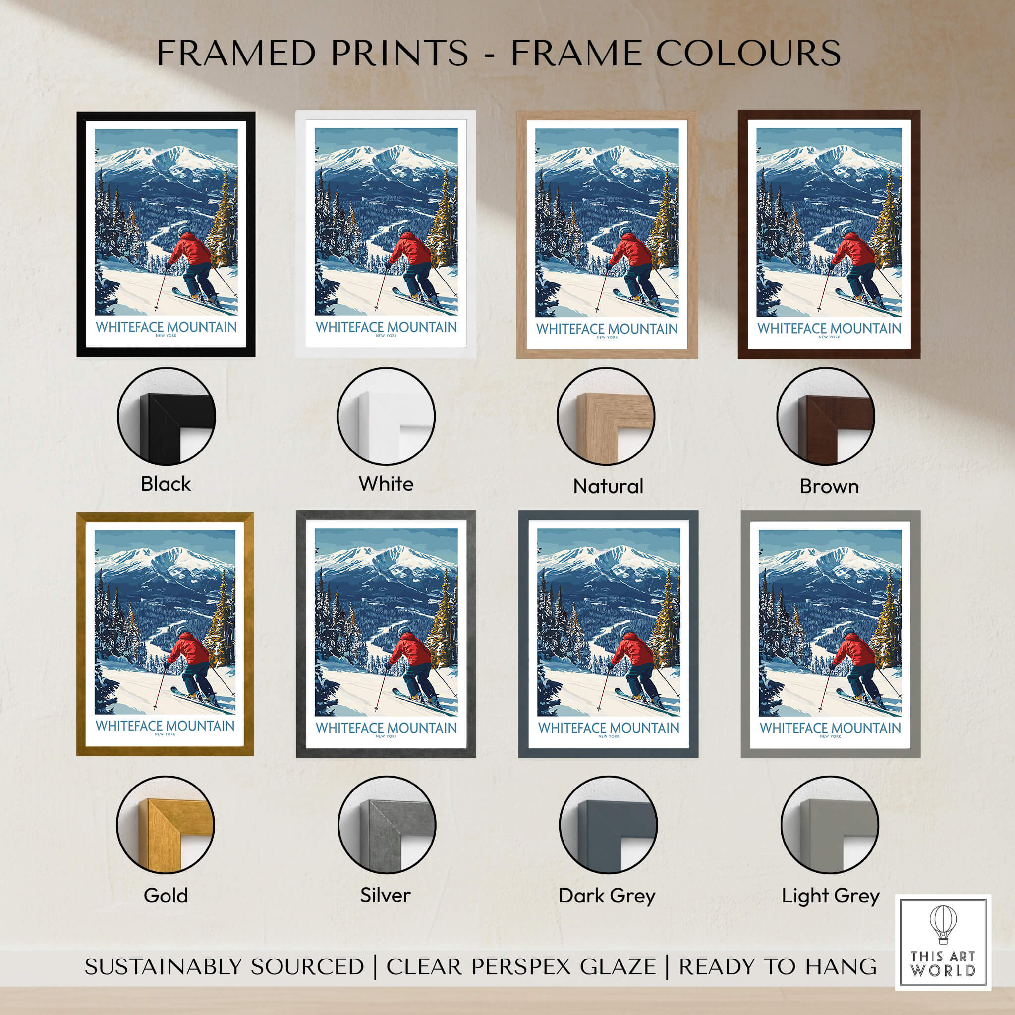 Ski Whiteface, NY | Winter wall art - skier on slope framed prints in various colors.