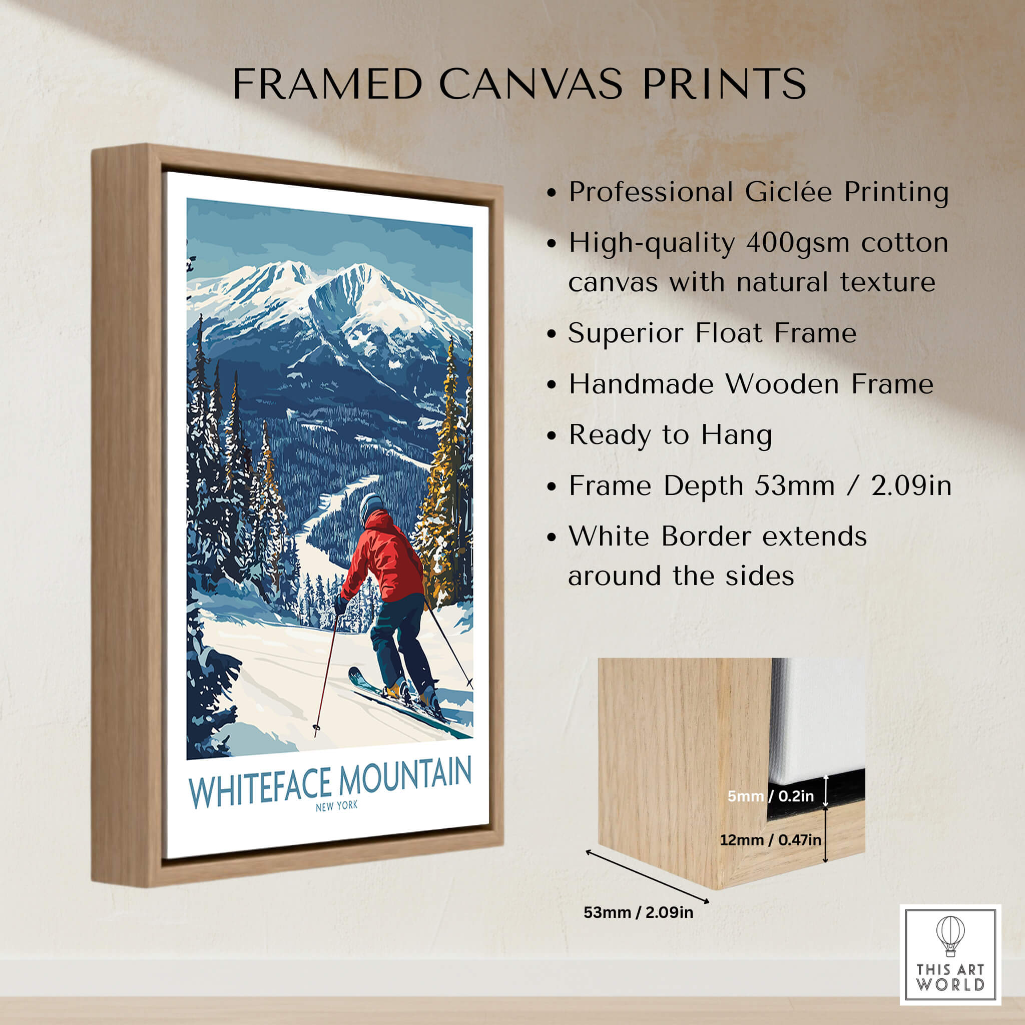 Ski Whiteface, NY | Winter wall art - skier on slope framed canvas print with mountain background.