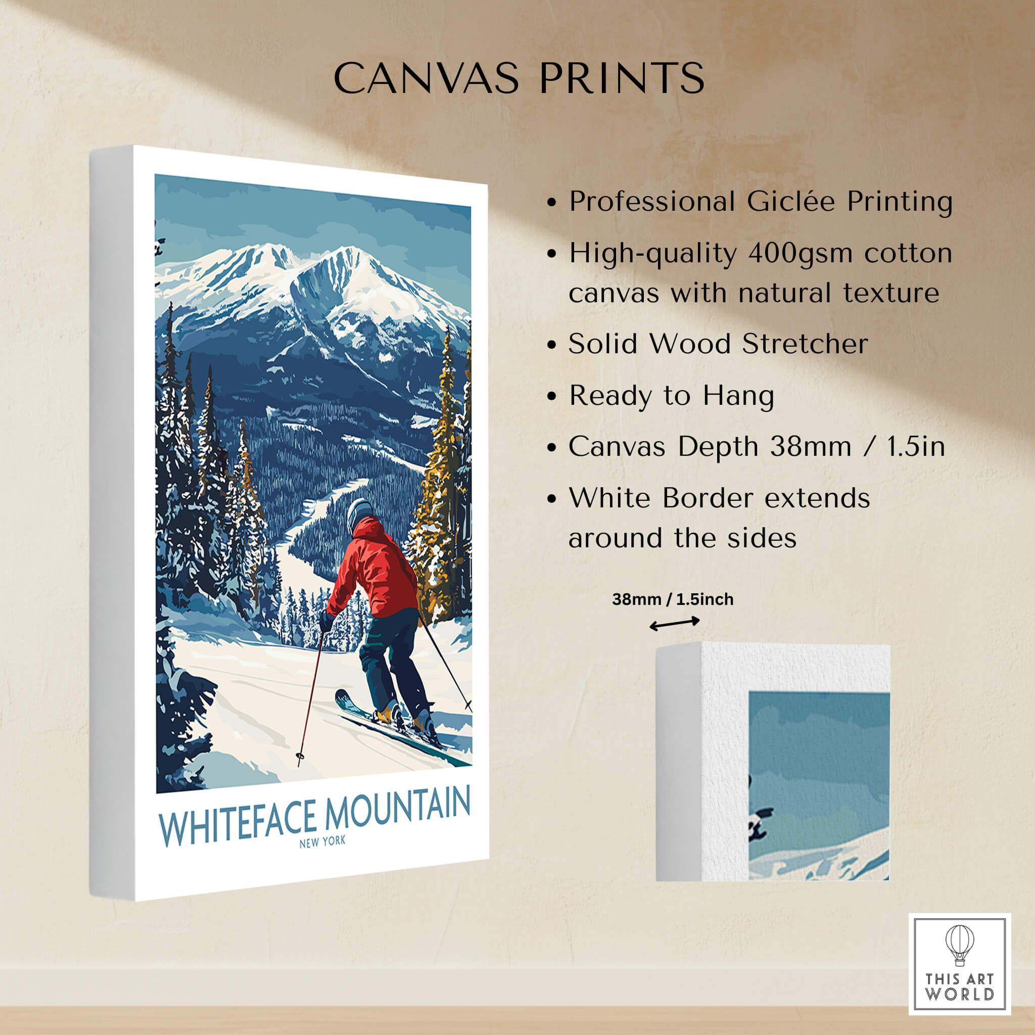 Ski Whiteface, NY | Winter wall art - skier on slope - vibrant canvas print featuring skier on a snowy mountain.