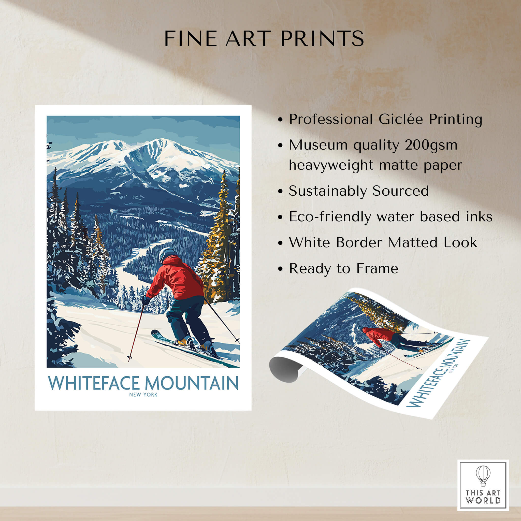Ski Whiteface, NY | Winter wall art - skier on slope, featuring a skier in a red jacket on a snowy mountain.