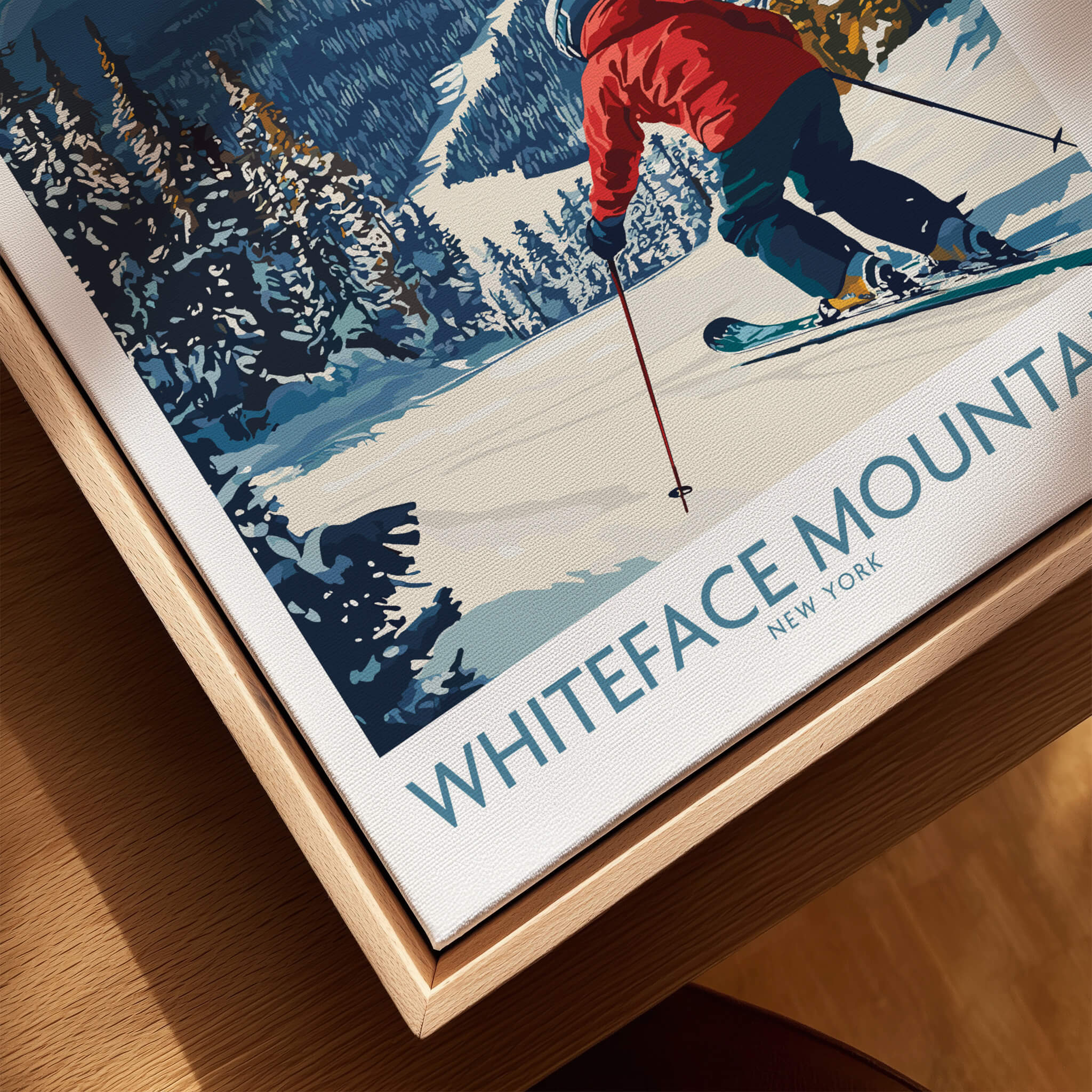 Ski Whiteface, NY | Winter wall art - skier on slope with trees and mountain backdrop.