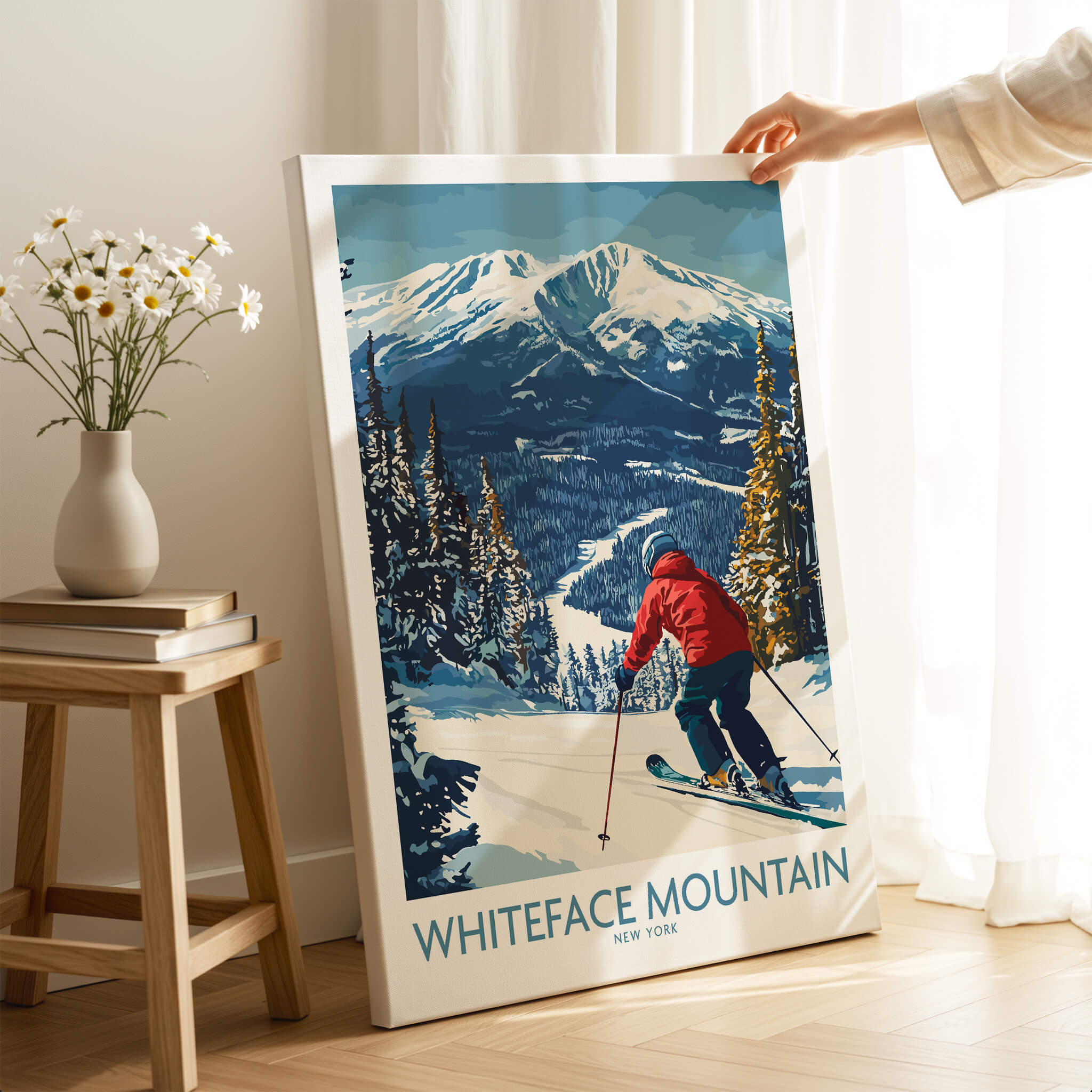 Ski Whiteface, NY | Winter wall art - skier on slope, skier in red jacket skiing down Whiteface Mountain.