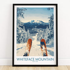 Ski Whiteface Poster | Skis in a winter landscape featuring stunning snowy views of Whiteface Mountain.