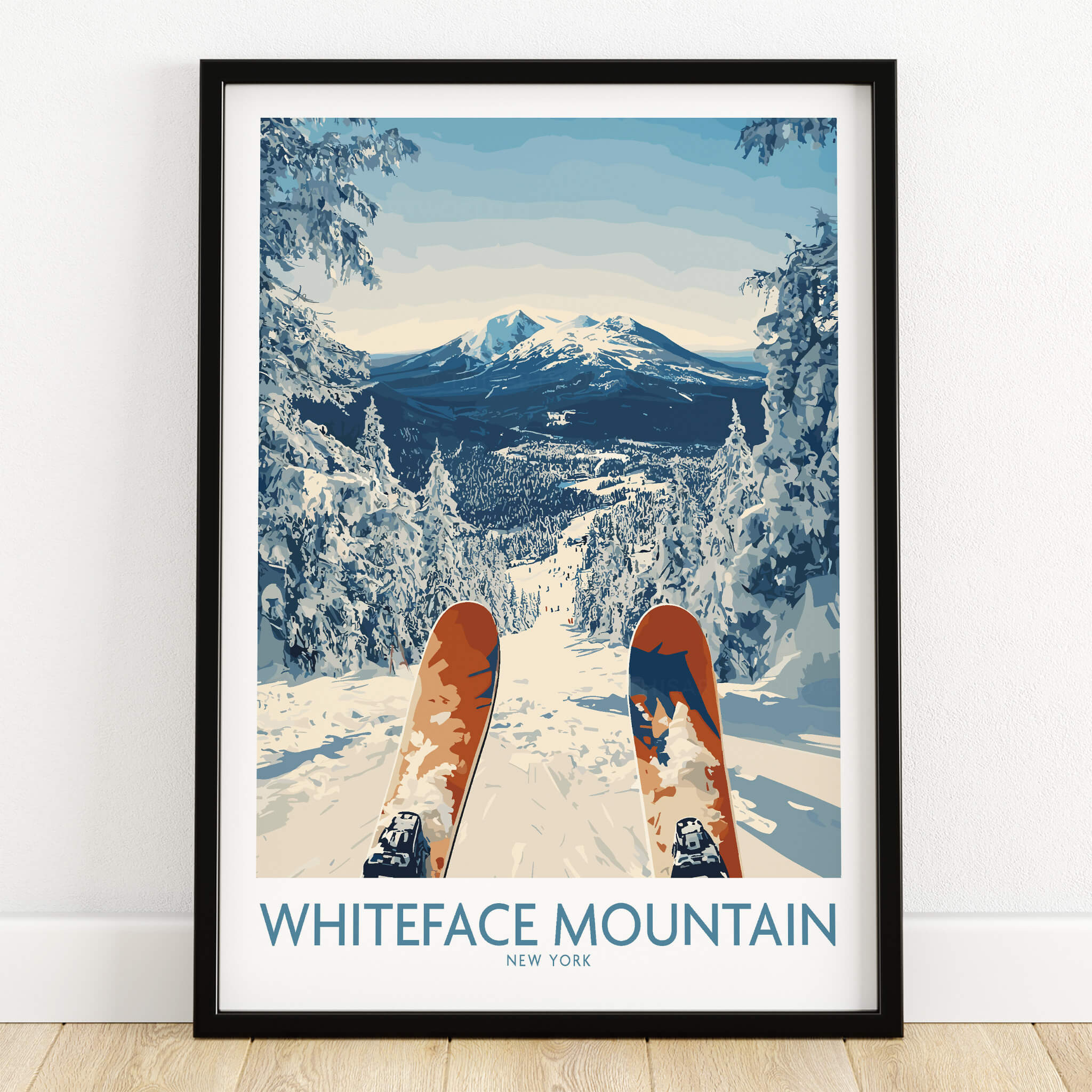 Ski Whiteface Poster | Skis in a winter landscape featuring stunning snowy views of Whiteface Mountain.