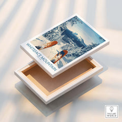 Ski Whiteface Poster | Skis in a winter landscape displayed on a wall art box with snowy mountain background.