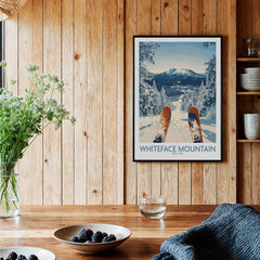 Ski Whiteface Poster | Skis in a winter landscape displayed on a rustic wooden wall.