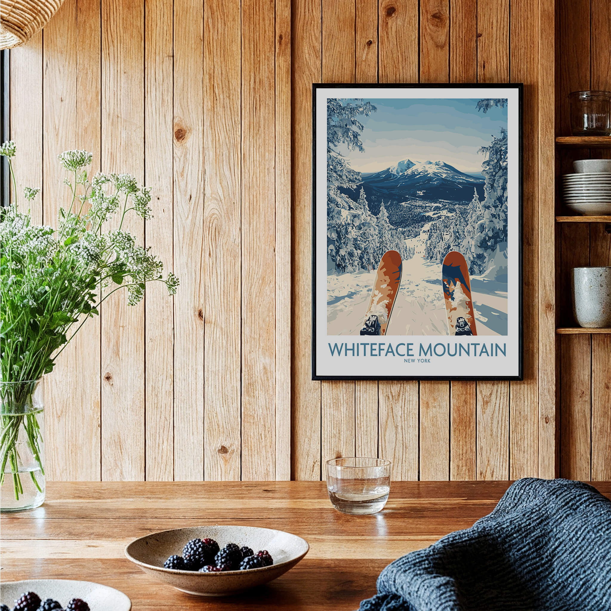 Ski Whiteface Poster | Skis in a winter landscape displayed on a rustic wooden wall.