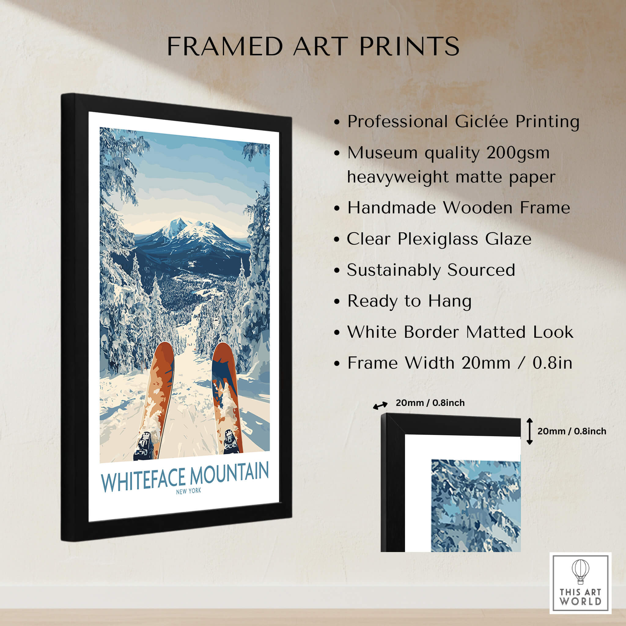 Ski Whiteface Poster | Skis in a winter landscape framed art print showcasing snowy mountain views.