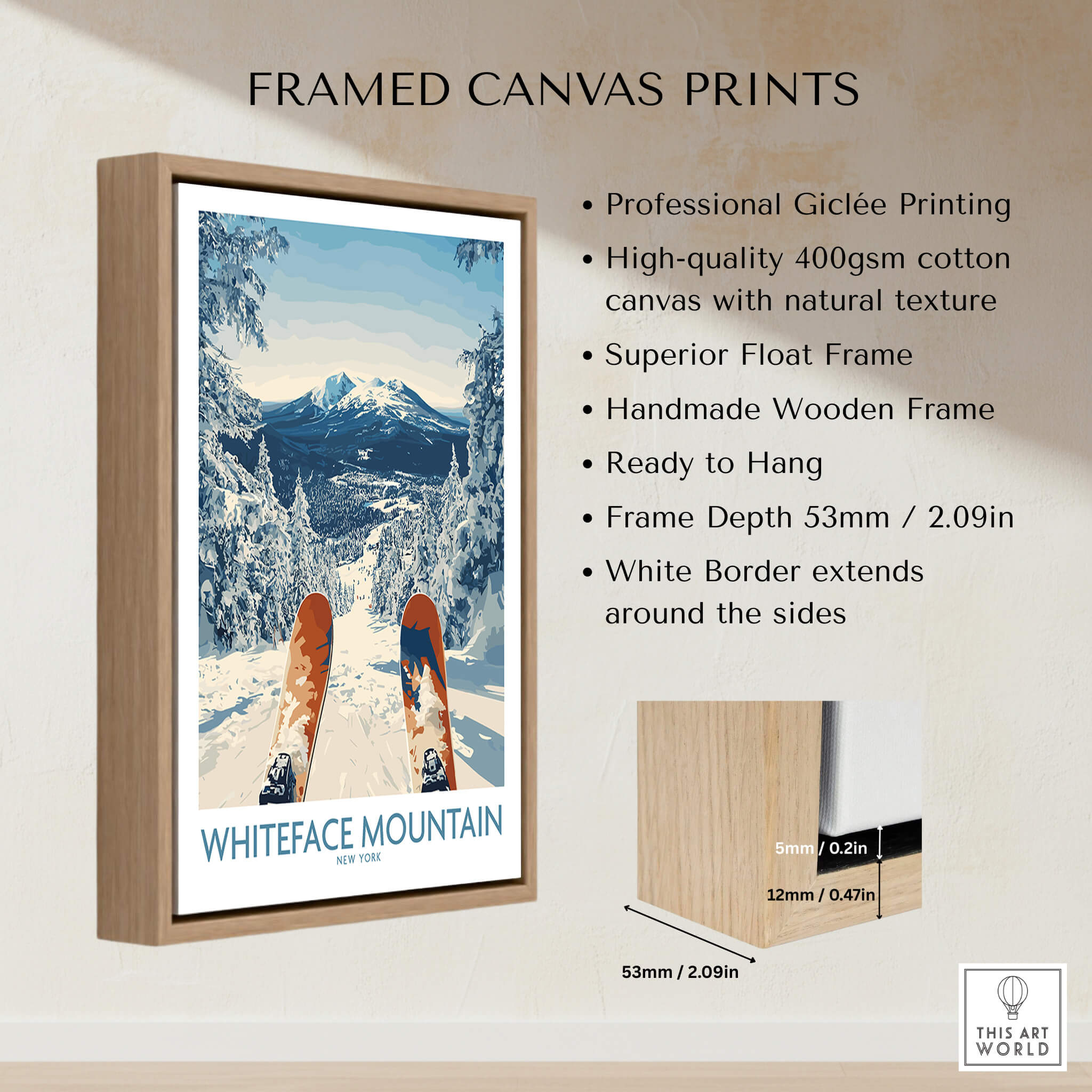 Ski Whiteface Poster | Skis in a winter landscape displayed in a beautiful wooden frame with high-quality giclée printing.