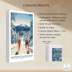 Ski Whiteface Poster | Skis in a winter landscape showcasing a serene snow-covered mountain scene and skis ready to descend.