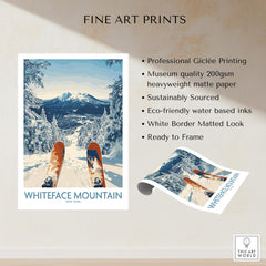 Ski Whiteface Poster | Skis in a winter landscape featuring Whiteface Mountain and a snowy scene.