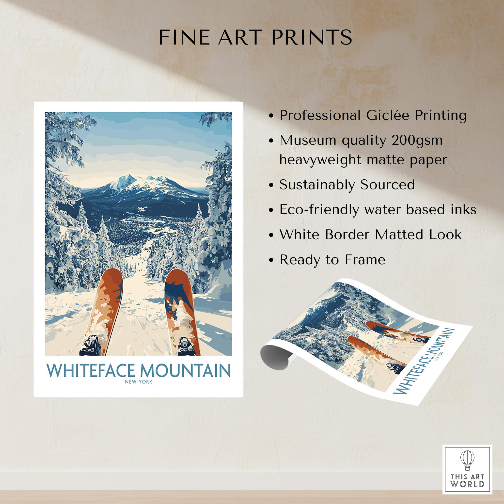 Ski Whiteface Poster | Skis in a winter landscape featuring Whiteface Mountain and a snowy scene.