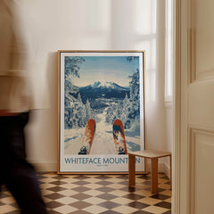 Ski Whiteface Poster | Skis in a winter landscape featuring vibrant skis in front of Whiteface Mountain.