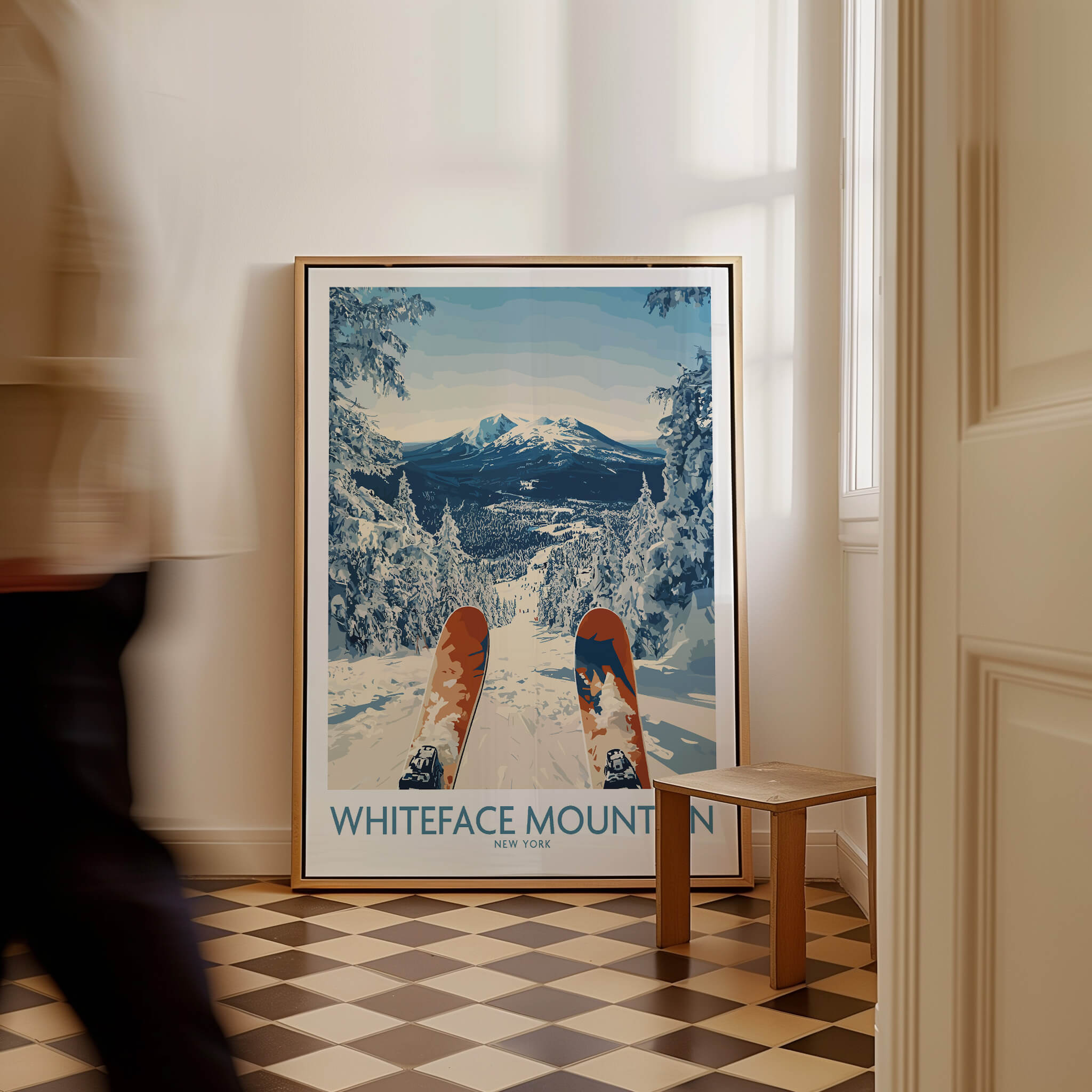 Ski Whiteface Poster | Skis in a winter landscape featuring vibrant skis in front of Whiteface Mountain.