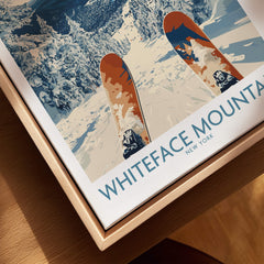 Ski Whiteface Poster | Skis in a winter landscape showcasing vibrant skis on a snowy slope at Whiteface Mountain.