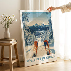 Ski Whiteface Poster | Skis in a winter landscape featuring Whiteface Mountain and snowy scenery.
