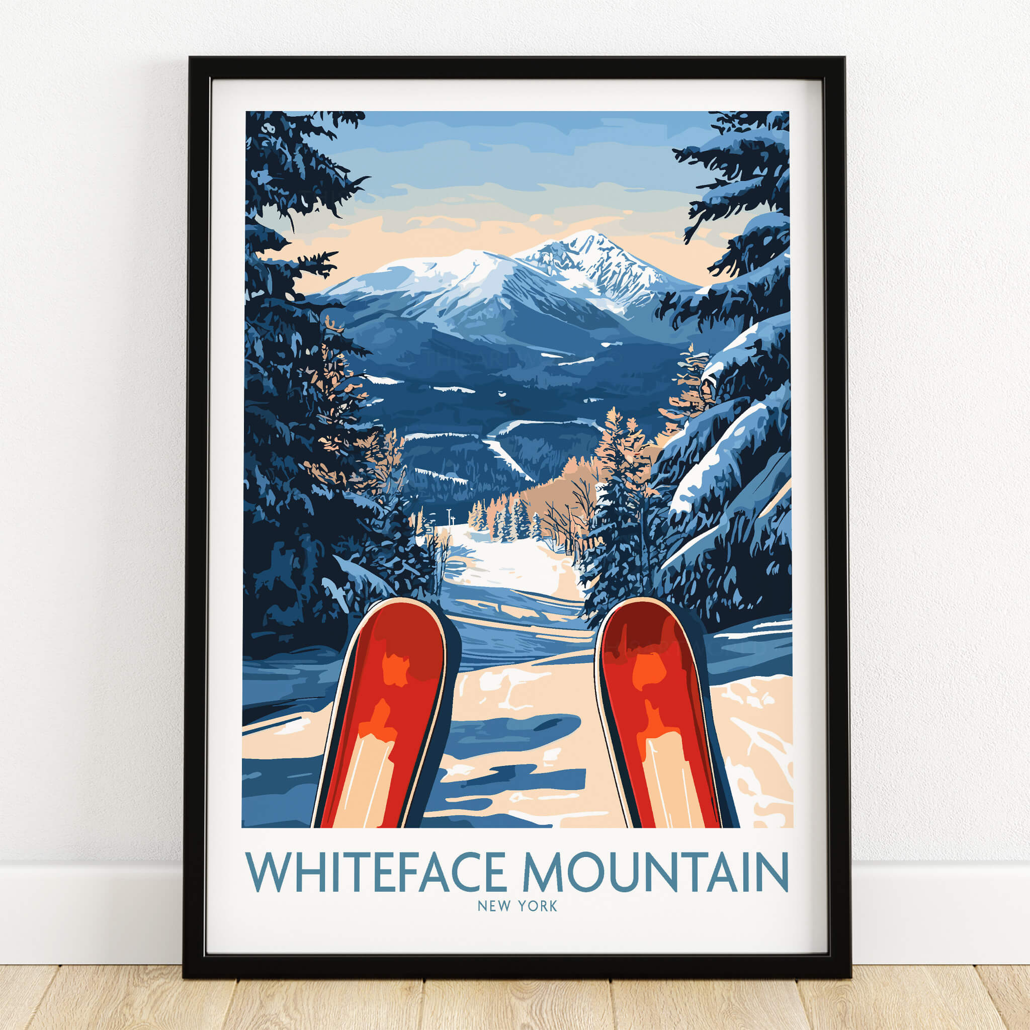 Ski Poster Whiteface Mountain Ski Resort featuring snowy landscape and skis in vibrant colors.