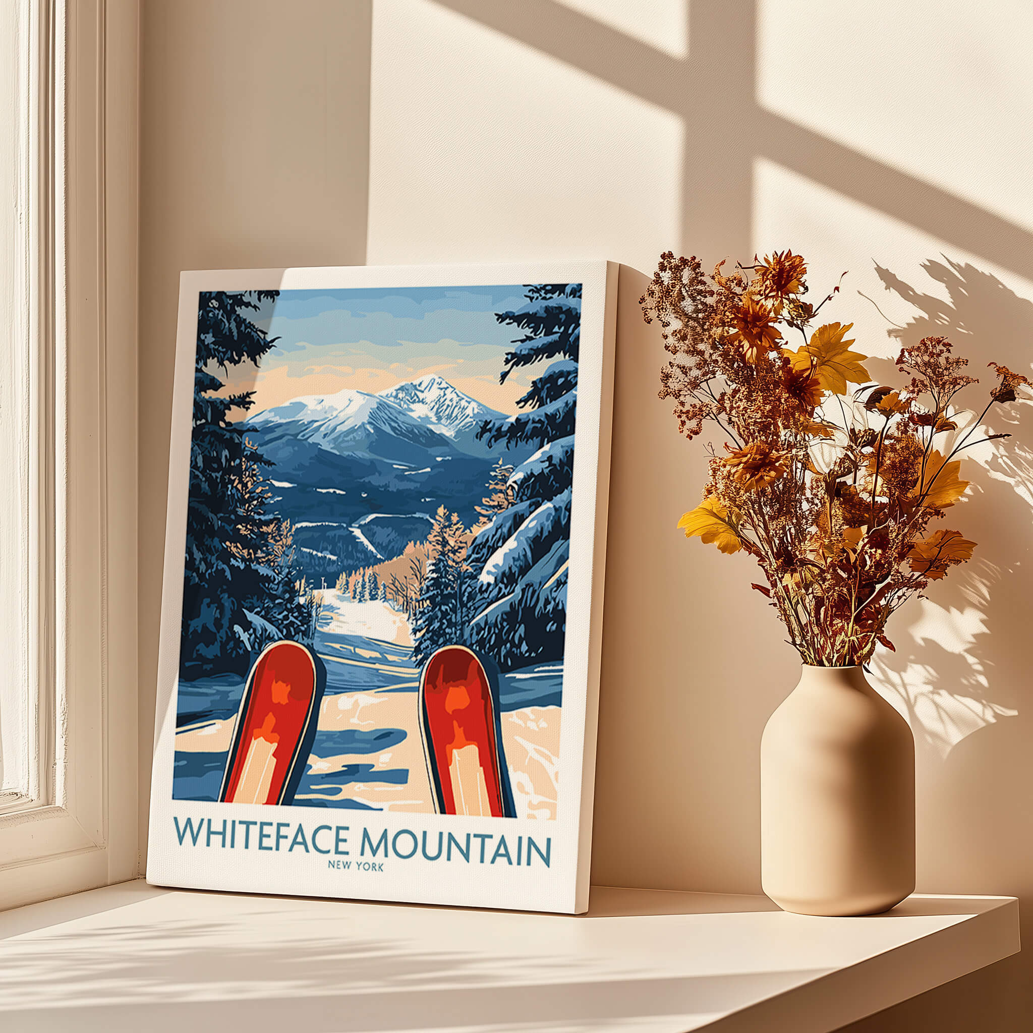 Ski Poster Whiteface Mountain Ski Resort featuring snow-capped mountains and skis in a winter landscape.