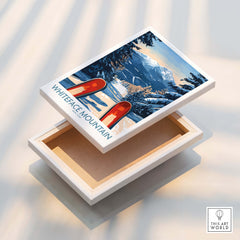 Ski Poster Whiteface Mountain Ski Resort showcasing colorful skis on a winter landscape art piece.