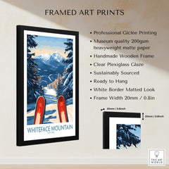 Ski Poster Whiteface Mountain Ski Resort featuring snow-capped peaks and skis in a winter landscape, framed art print.