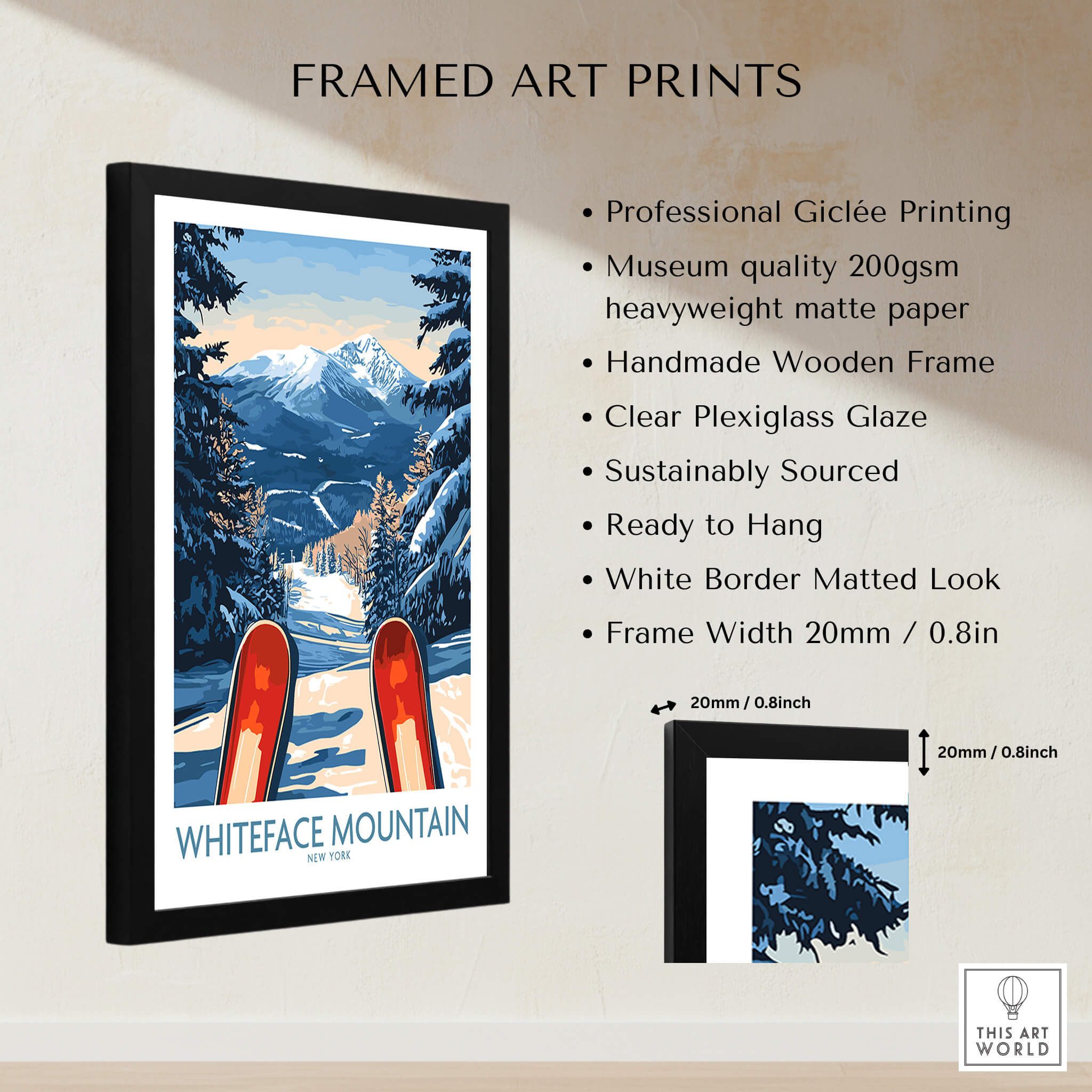 Ski Poster Whiteface Mountain Ski Resort featuring snow-capped peaks and skis in a winter landscape, framed art print.