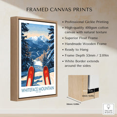 Ski Poster Whiteface Mountain Ski Resort framed canvas print featuring stunning winter landscape with skis.