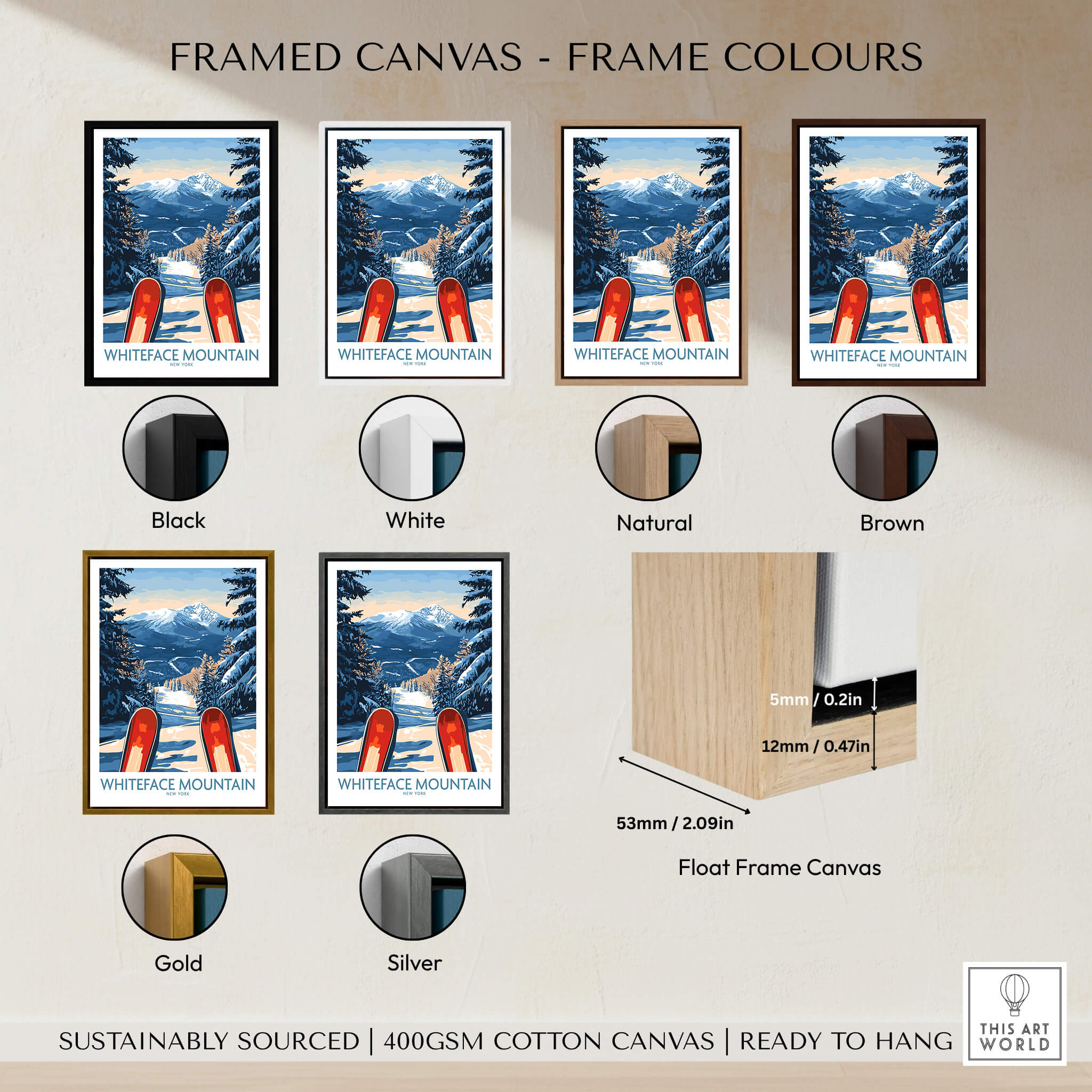 Framed canvas color options for Ski Poster Whiteface Mountain Ski Resort, showcasing Black, White, Natural, Brown, Gold, and Silver frames.