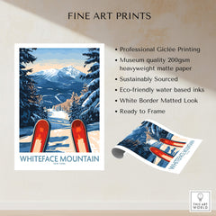 Ski Poster Whiteface Mountain Ski Resort showcasing skis on a snowy slope with mountains in the background.